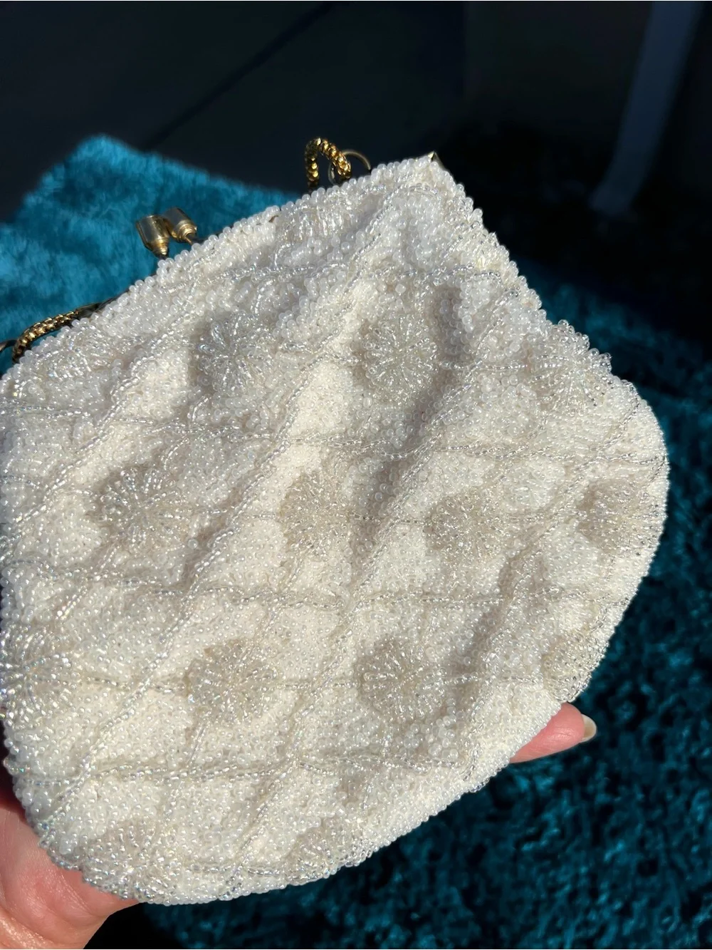 Vintage Ivory Beaded Clutch Purse Gold Chain Made in Hong Kong Hand Made